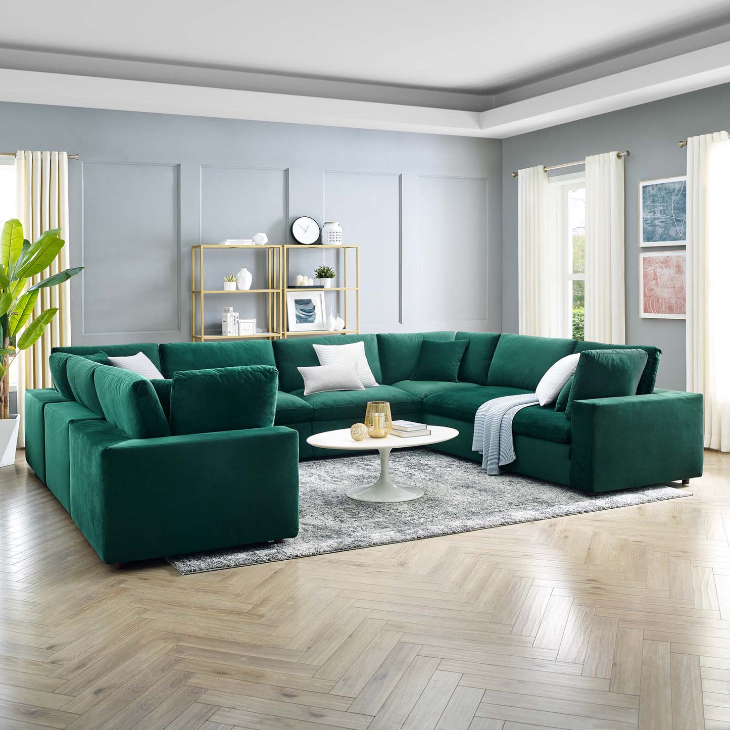 Commix Down Filled Overstuffed Performance Velvet 	8-Piece Sectional Sofa, Velvet, Green, 20631