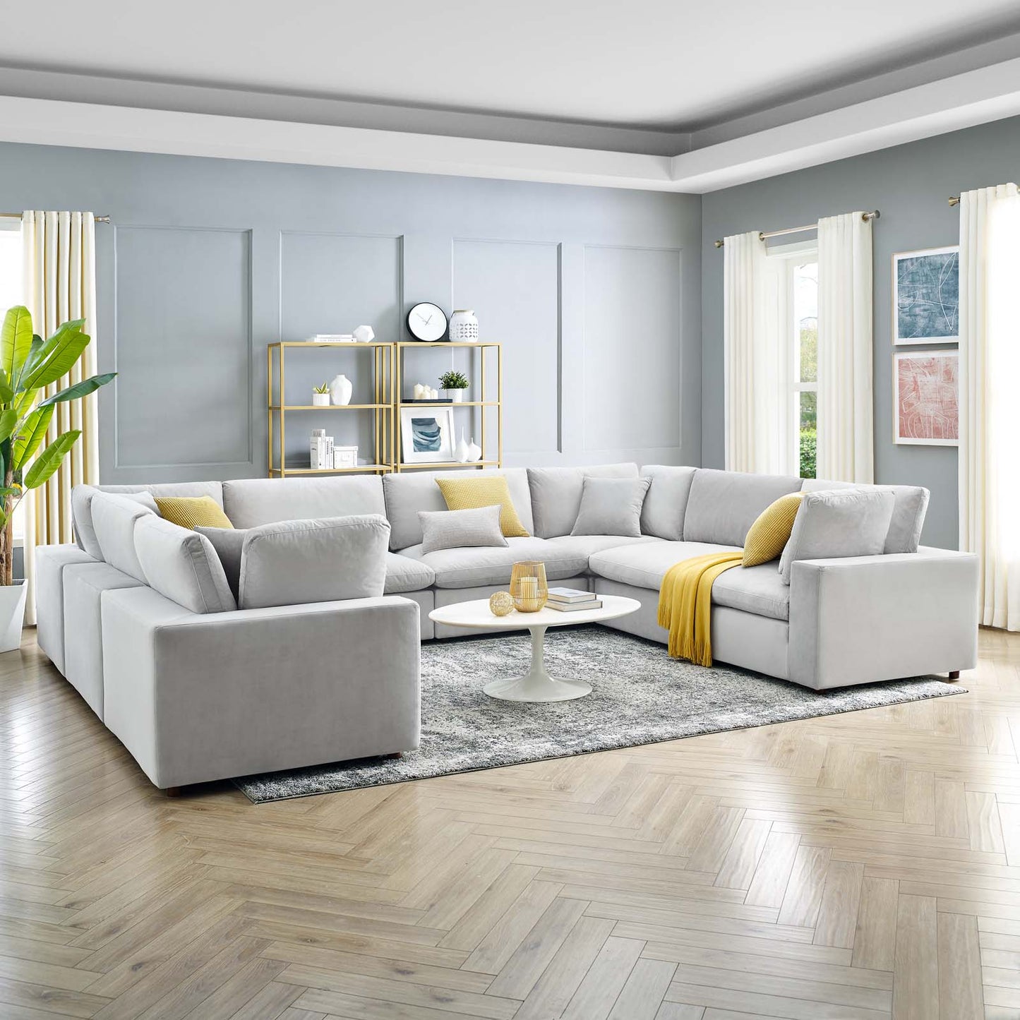 Commix Down Filled Overstuffed Performance Velvet 	8-Piece Sectional Sofa, Velvet, Light Grey Gray, 20633