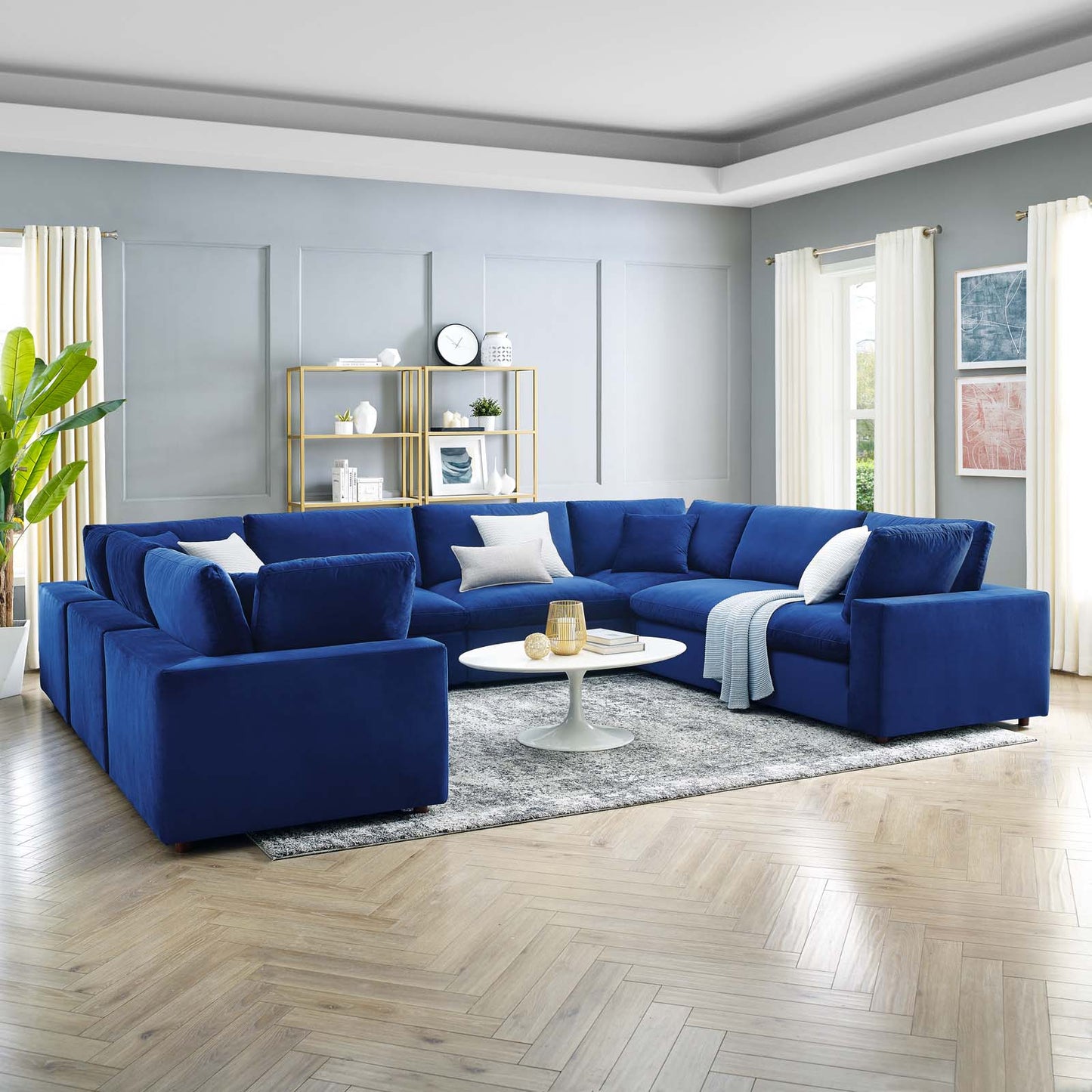 Commix Down Filled Overstuffed Performance Velvet 	8-Piece Sectional Sofa, Velvet, Blue Navy, 20634