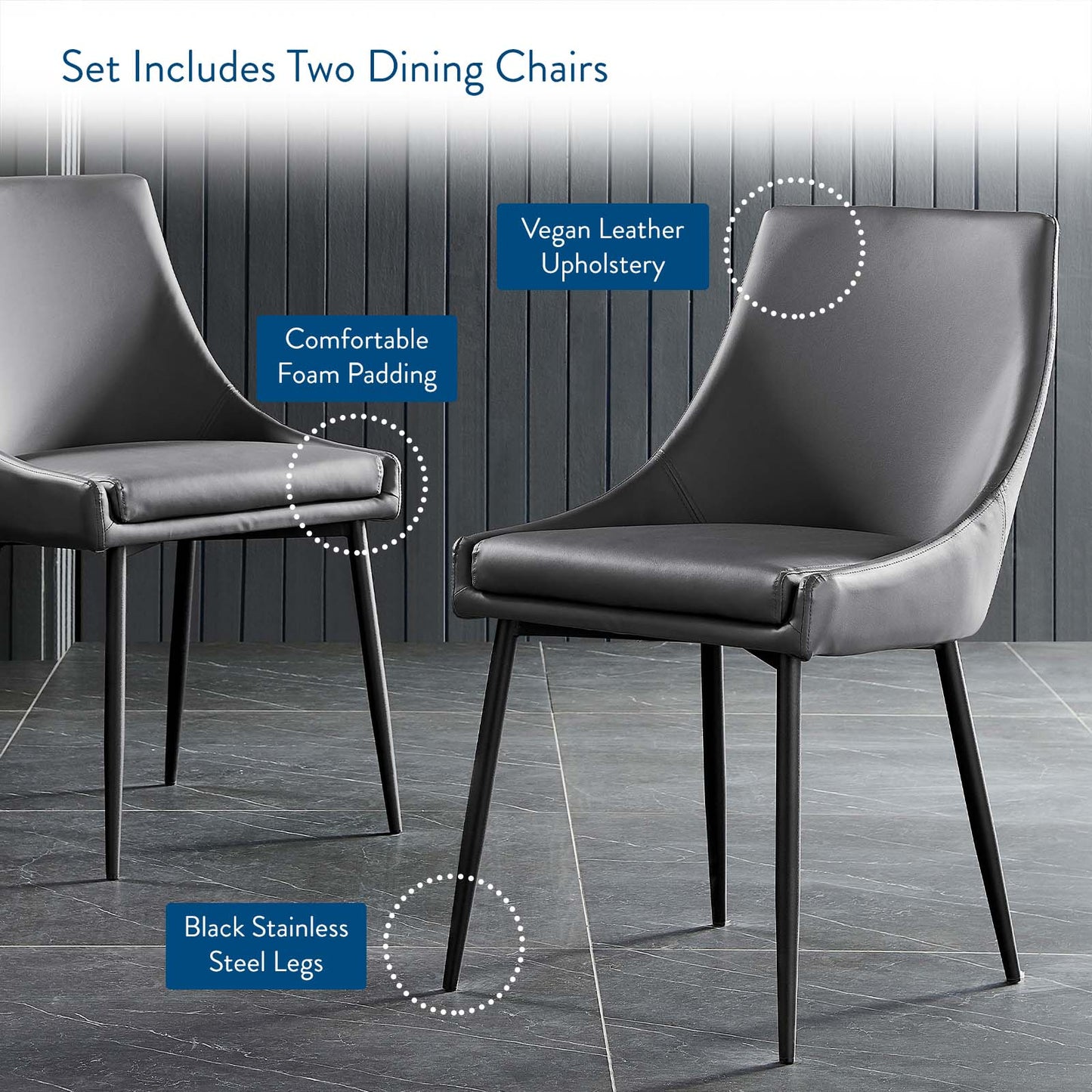 Viscount Vegan Leather Dining Chairs - Set of 2, Faux Vegan Leather, Black Grey Gray, 20636