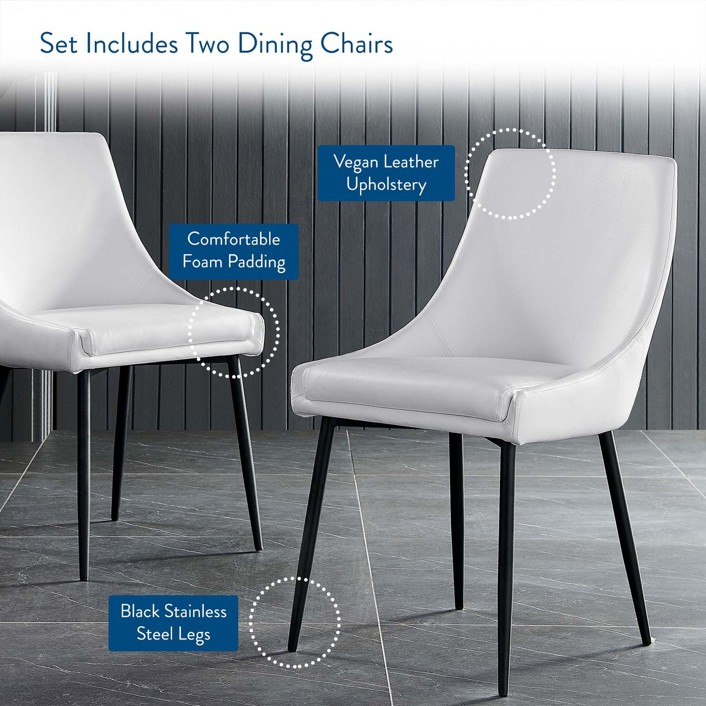 Viscount Vegan Leather Dining Chairs - Set of 2, Faux Vegan Leather, Black White, 20638