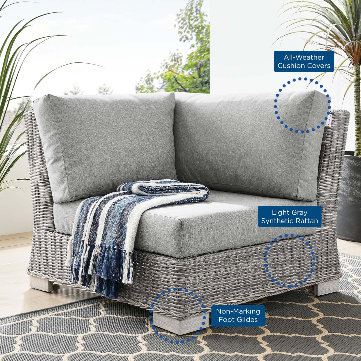 Conway Outdoor Patio Wicker Rattan Corner Chair, Rattan, Wicker, Grey Gray, 23328