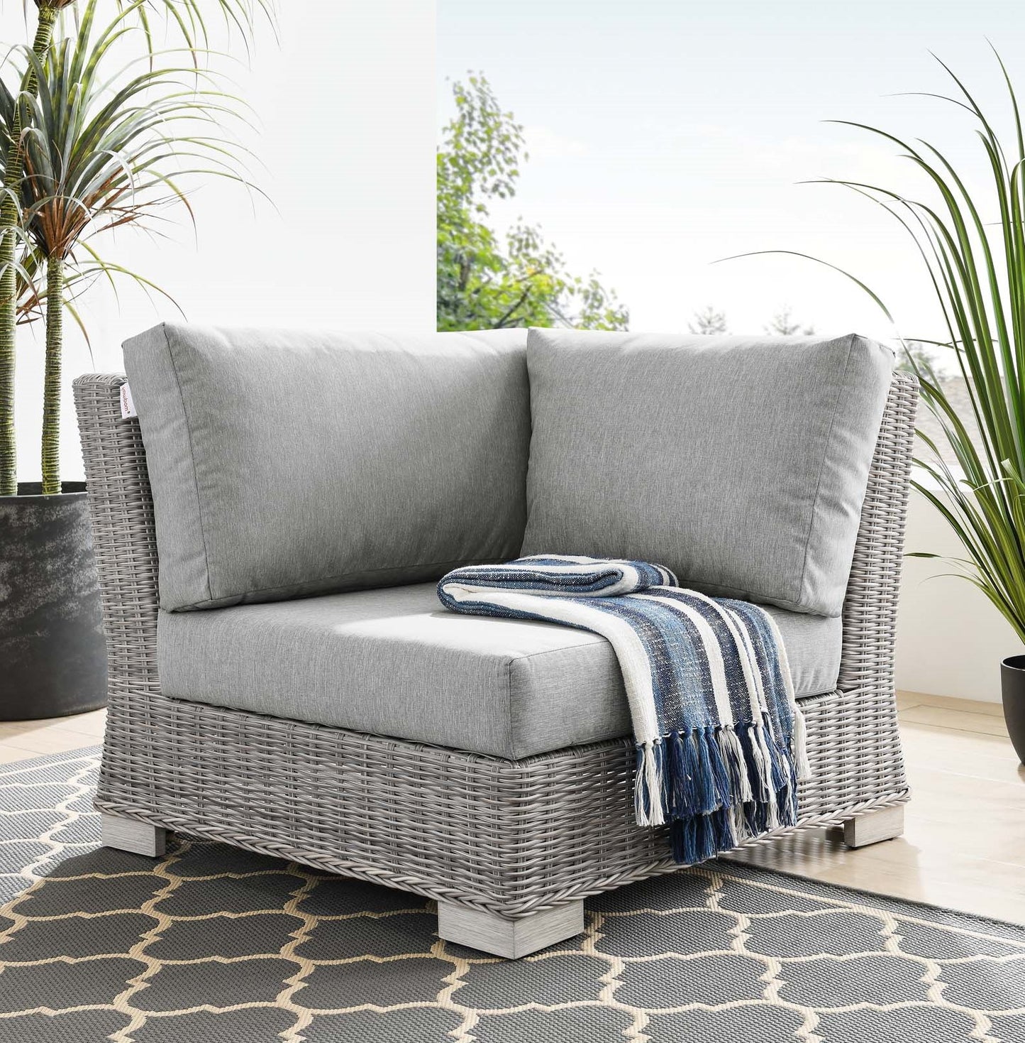 Conway Outdoor Patio Wicker Rattan Corner Chair, Rattan, Wicker, Grey Gray, 23328