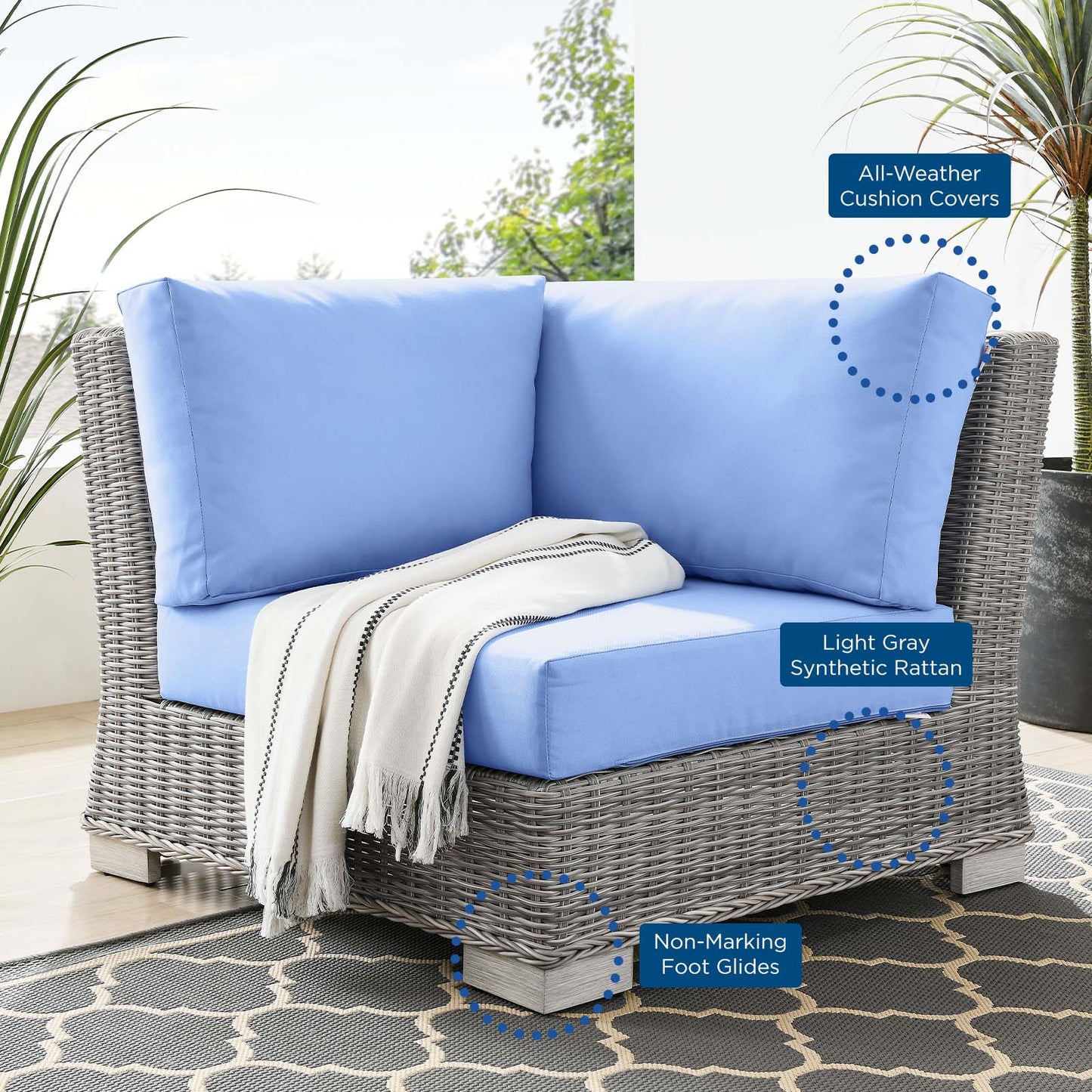 Conway Outdoor Patio Wicker Rattan Corner Chair, Rattan, Wicker, Light Grey Gray Light Blue, 23329