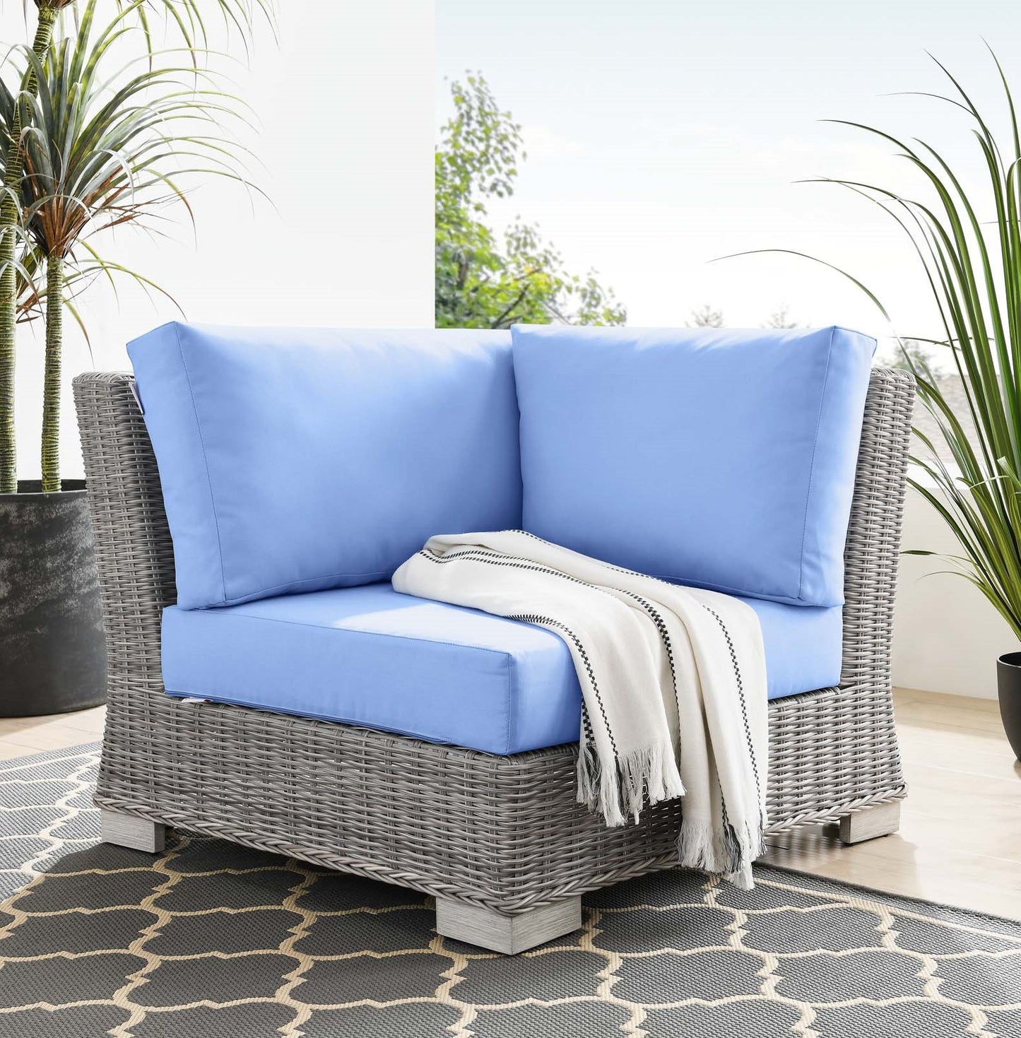 Conway Outdoor Patio Wicker Rattan Corner Chair, Rattan, Wicker, Light Grey Gray Light Blue, 23329