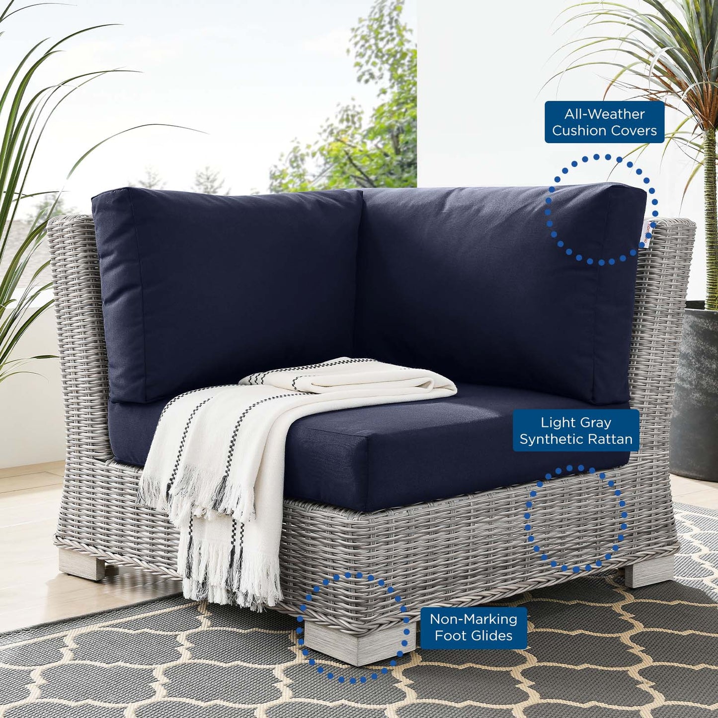 Conway Outdoor Patio Wicker Rattan Corner Chair, Rattan, Wicker, Light Grey Gray Blue Navy, 23330