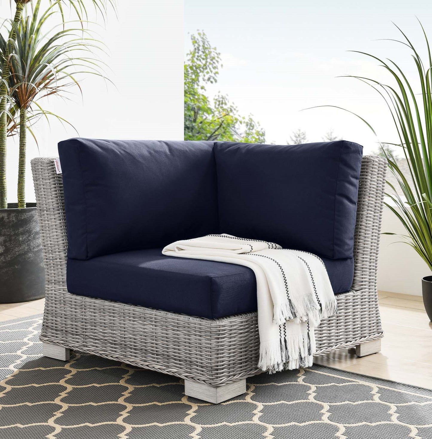 Conway Outdoor Patio Wicker Rattan Corner Chair, Rattan, Wicker, Light Grey Gray Blue Navy, 23330