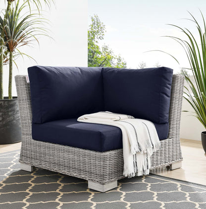 Conway Outdoor Patio Wicker Rattan Corner Chair, Rattan, Wicker, Light Grey Gray Blue Navy, 23330