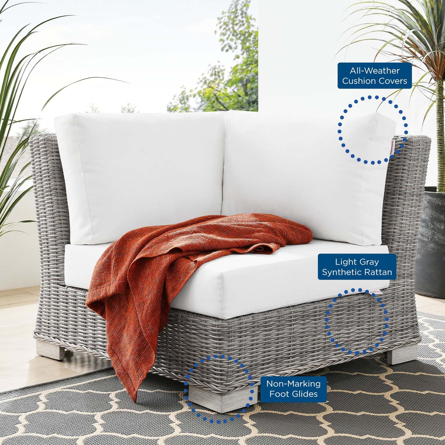 Conway Outdoor Patio Wicker Rattan Corner Chair, Rattan, Wicker, Light Grey Gray White, 23331