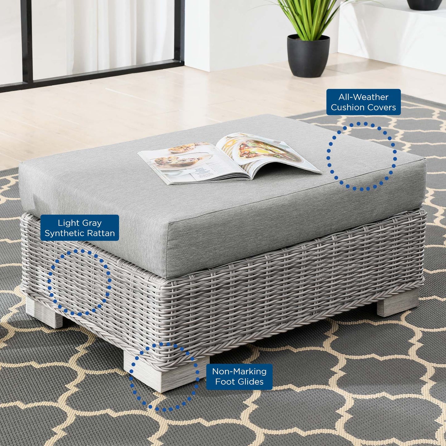 Conway Outdoor Patio Wicker Rattan Ottoman, Rattan, Wicker, Grey Gray, 23332