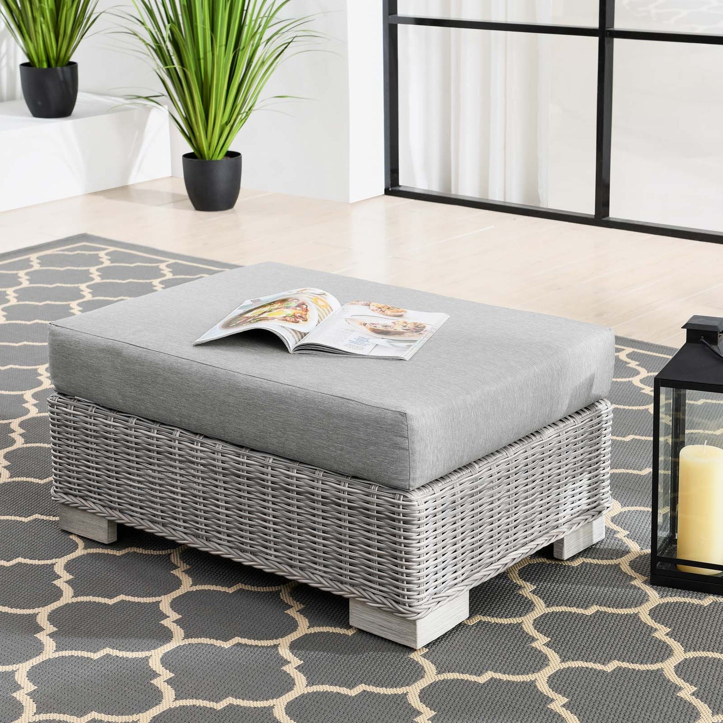 Conway Outdoor Patio Wicker Rattan Ottoman, Rattan, Wicker, Grey Gray, 23332