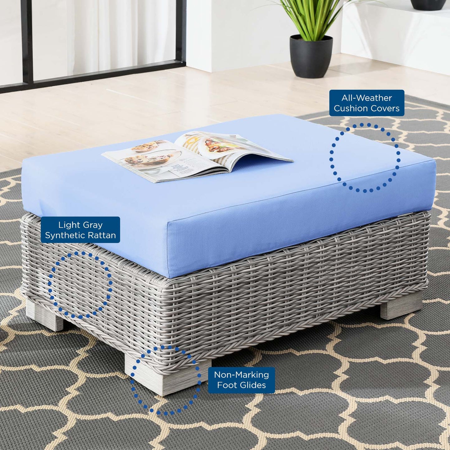Conway Outdoor Patio Wicker Rattan Ottoman, Rattan, Wicker, Light Grey Gray Light Blue, 23333