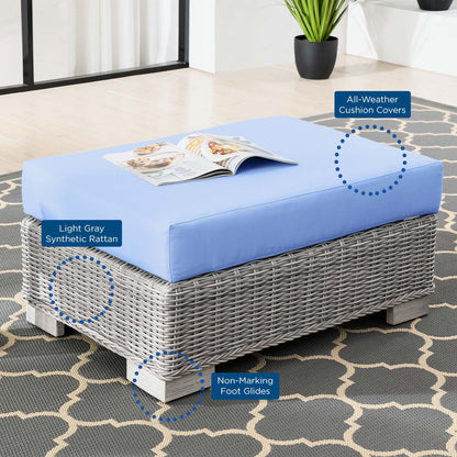 Conway Outdoor Patio Wicker Rattan Ottoman, Rattan, Wicker, Light Grey Gray Light Blue, 23333