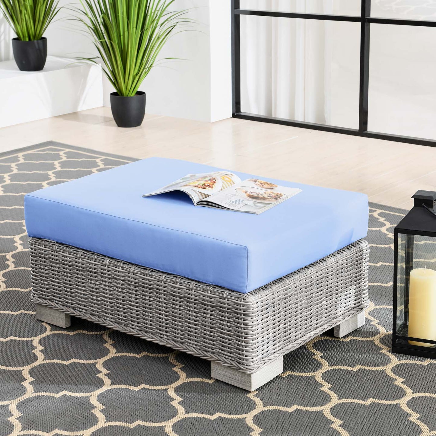 Conway Outdoor Patio Wicker Rattan Ottoman, Rattan, Wicker, Light Grey Gray Light Blue, 23333