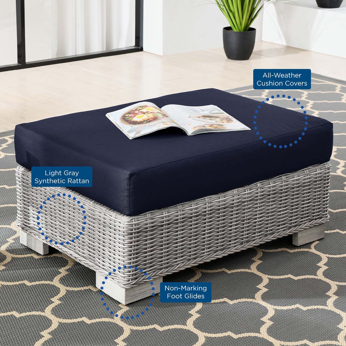 Conway Outdoor Patio Wicker Rattan Ottoman, Rattan, Wicker, Light Grey Gray Blue Navy, 23334