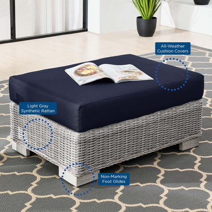 Conway Outdoor Patio Wicker Rattan Ottoman, Rattan, Wicker, Light Grey Gray Blue Navy, 23334