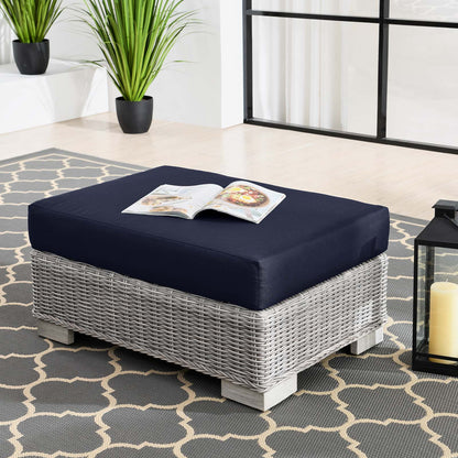 Conway Outdoor Patio Wicker Rattan Ottoman, Rattan, Wicker, Light Grey Gray Blue Navy, 23334