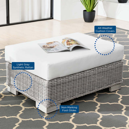 Conway Outdoor Patio Wicker Rattan Ottoman, Rattan, Wicker, Light Grey Gray White, 23335