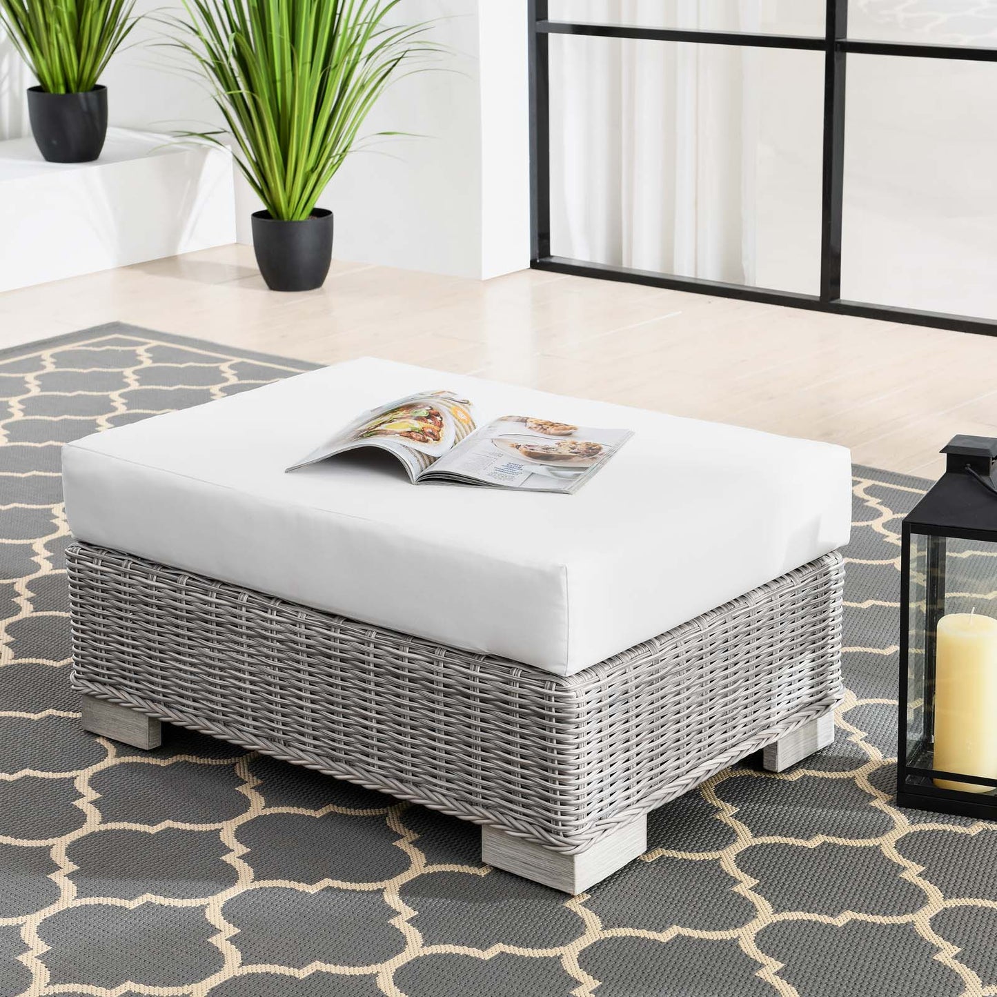 Conway Outdoor Patio Wicker Rattan Ottoman, Rattan, Wicker, Light Grey Gray White, 23335