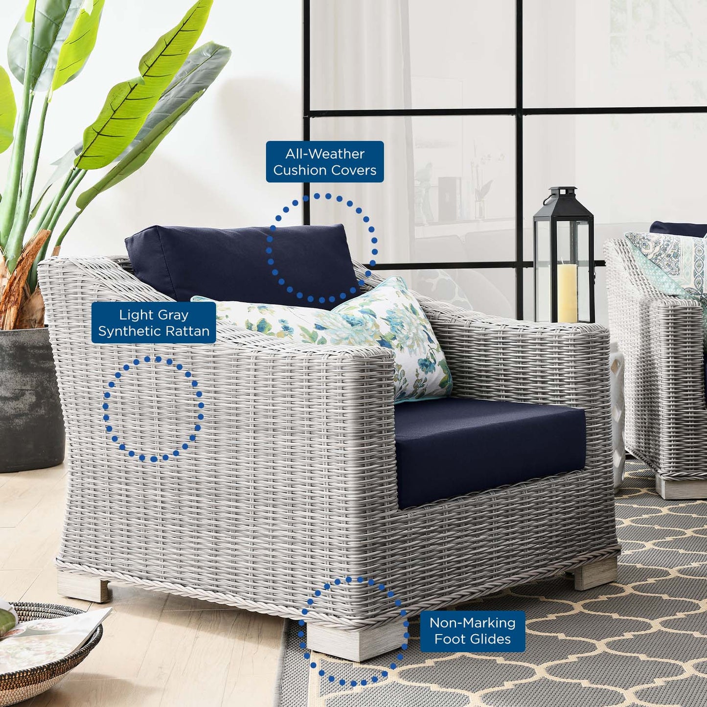 Conway Outdoor Patio Wicker Rattan Armchair, Rattan, Wicker, Light Grey Gray Blue Navy, 23338