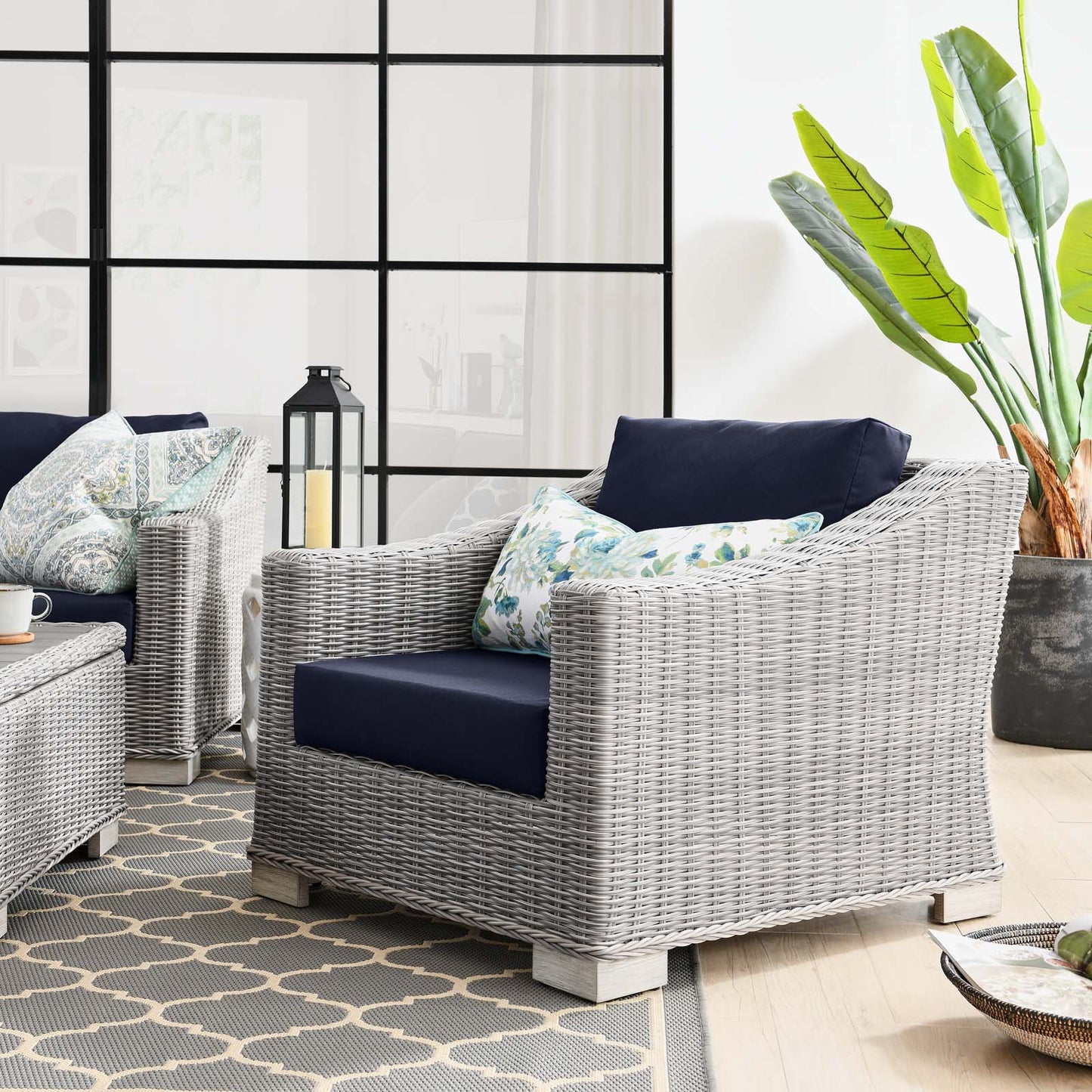 Conway Outdoor Patio Wicker Rattan Armchair, Rattan, Wicker, Light Grey Gray Blue Navy, 23338