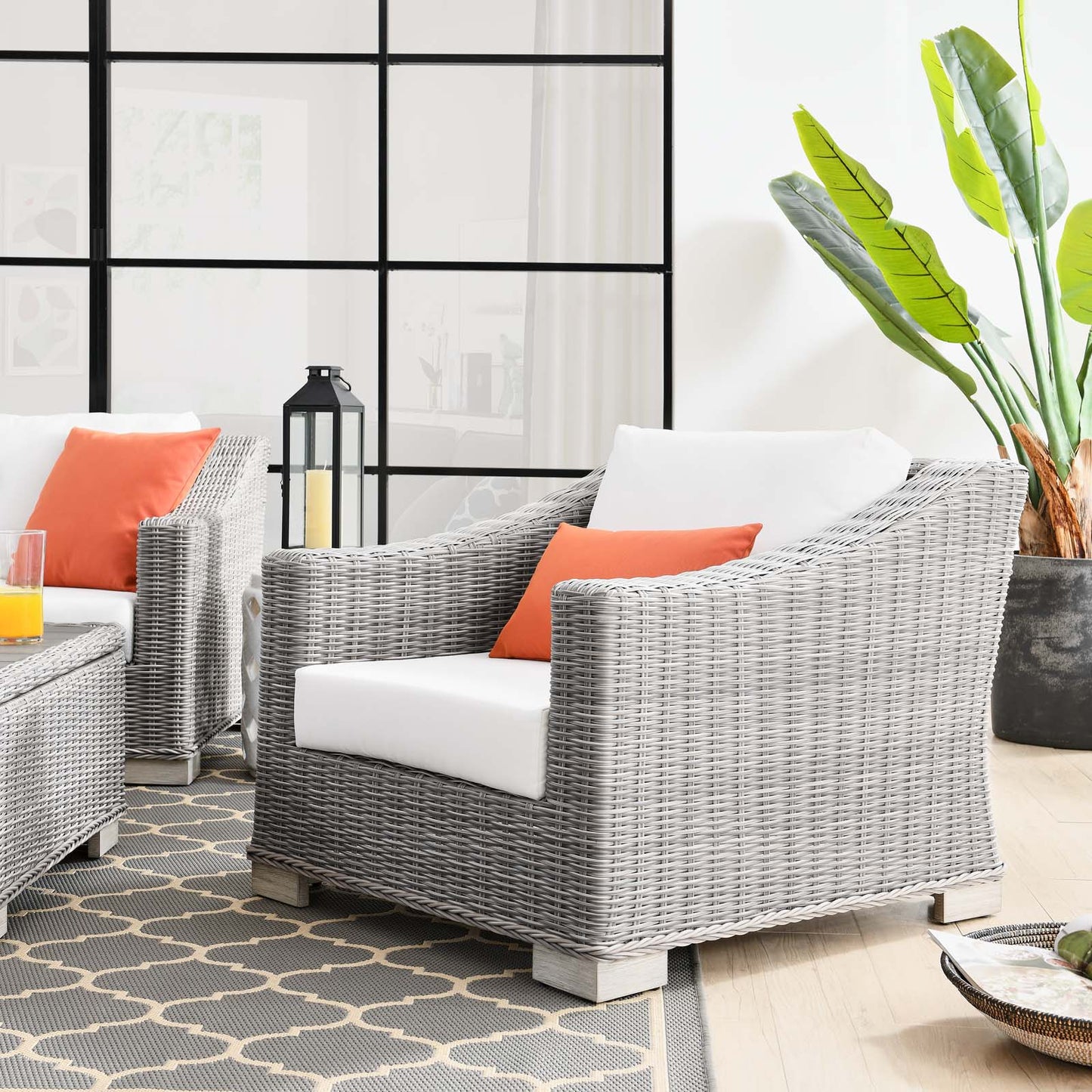 Conway Outdoor Patio Wicker Rattan Armchair, Rattan, Wicker, Light Grey Gray White, 23339