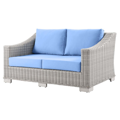 Conway Outdoor Patio Wicker Rattan Loveseat, Rattan, Wicker, Light Grey Gray Light Blue, 23341