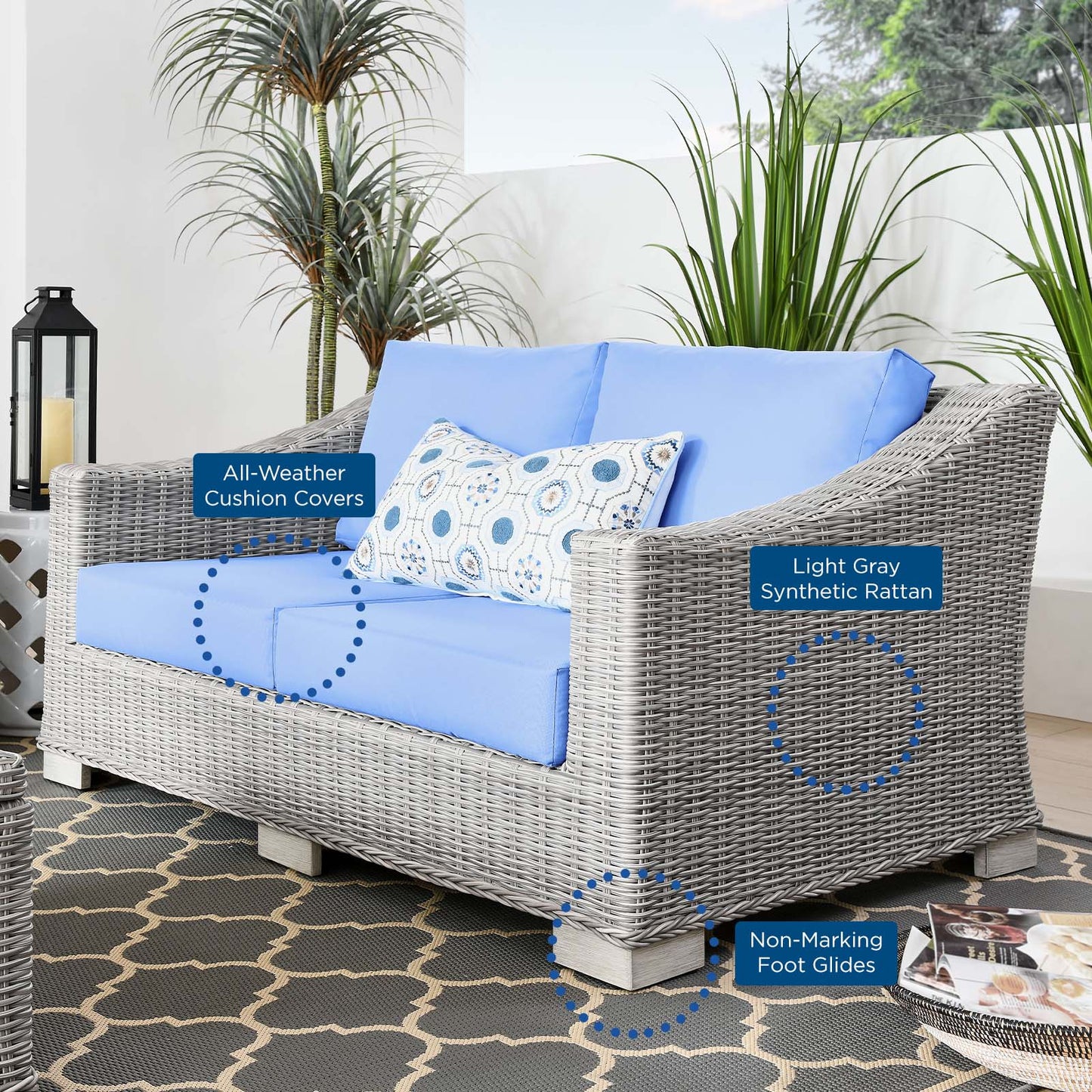 Conway Outdoor Patio Wicker Rattan Loveseat, Rattan, Wicker, Light Grey Gray Light Blue, 23341
