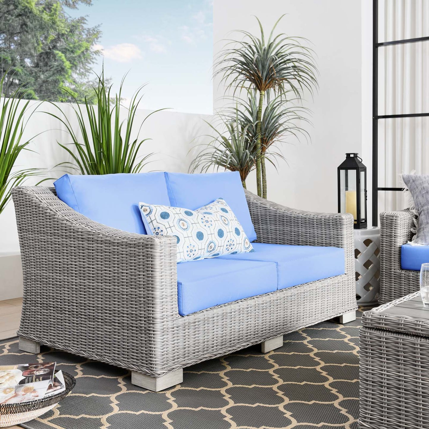 Conway Outdoor Patio Wicker Rattan Loveseat, Rattan, Wicker, Light Grey Gray Light Blue, 23341