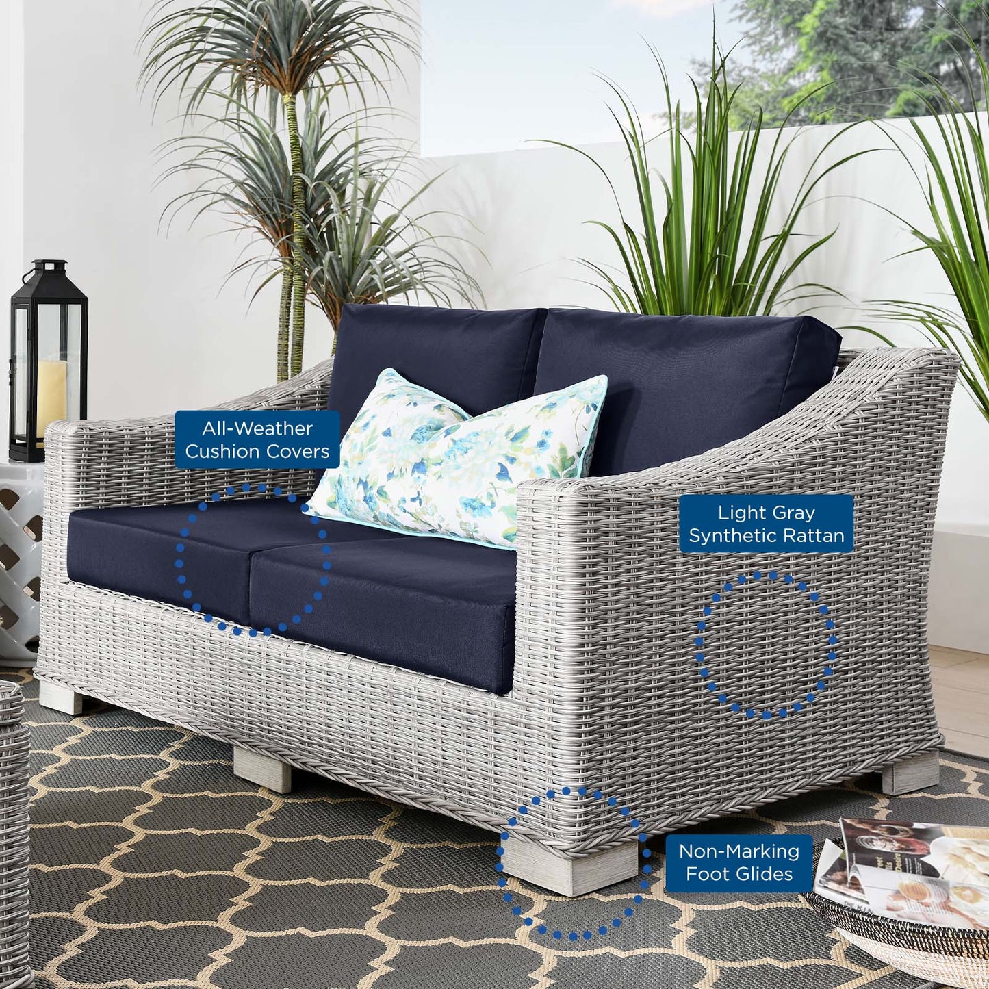 Conway Outdoor Patio Wicker Rattan Loveseat, Rattan, Wicker, Light Grey Gray Blue Navy, 23342