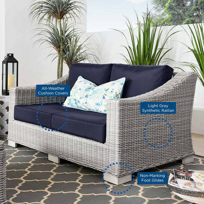 Conway Outdoor Patio Wicker Rattan Loveseat, Rattan, Wicker, Light Grey Gray Blue Navy, 23342