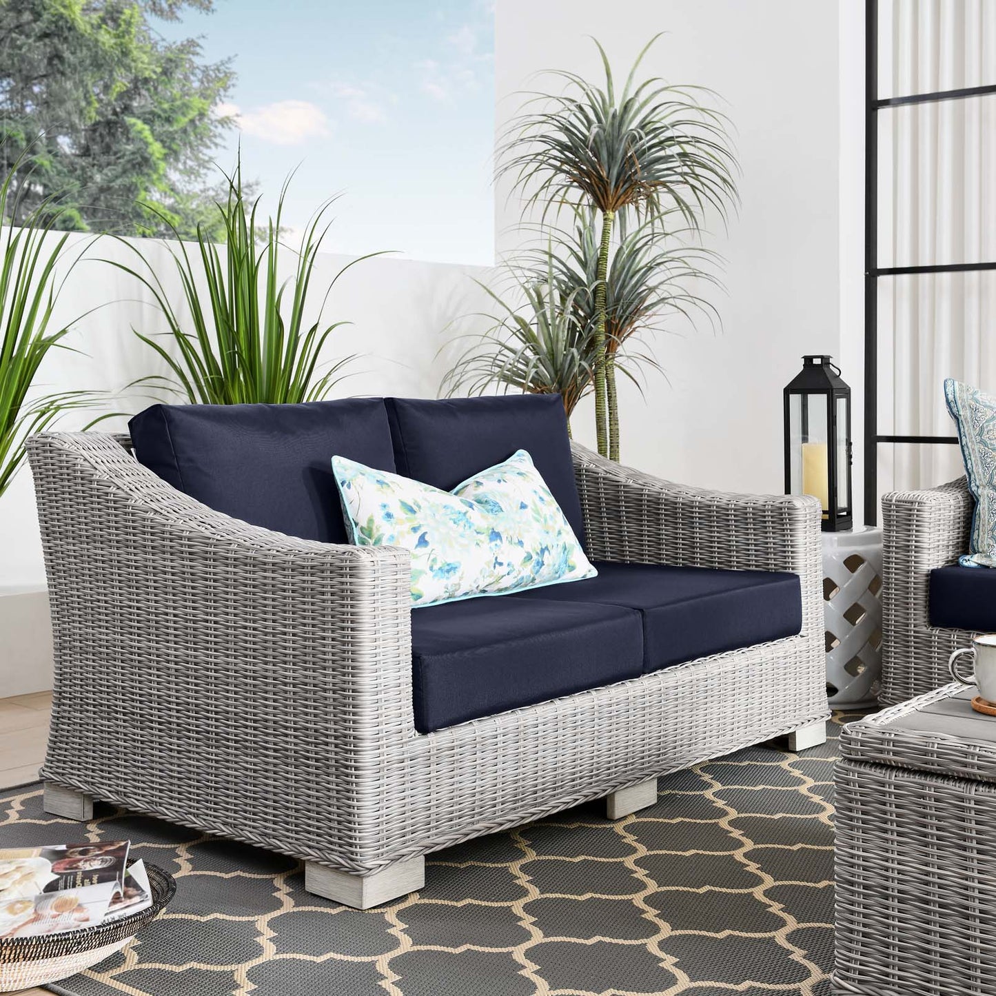 Conway Outdoor Patio Wicker Rattan Loveseat, Rattan, Wicker, Light Grey Gray Blue Navy, 23342