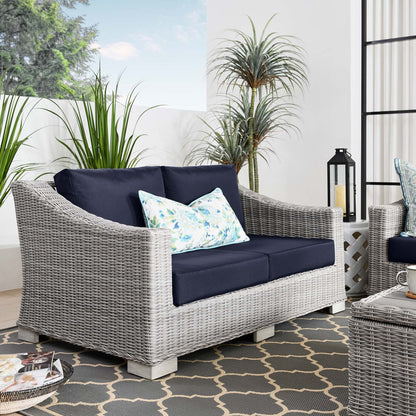 Conway Outdoor Patio Wicker Rattan Loveseat, Rattan, Wicker, Light Grey Gray Blue Navy, 23342