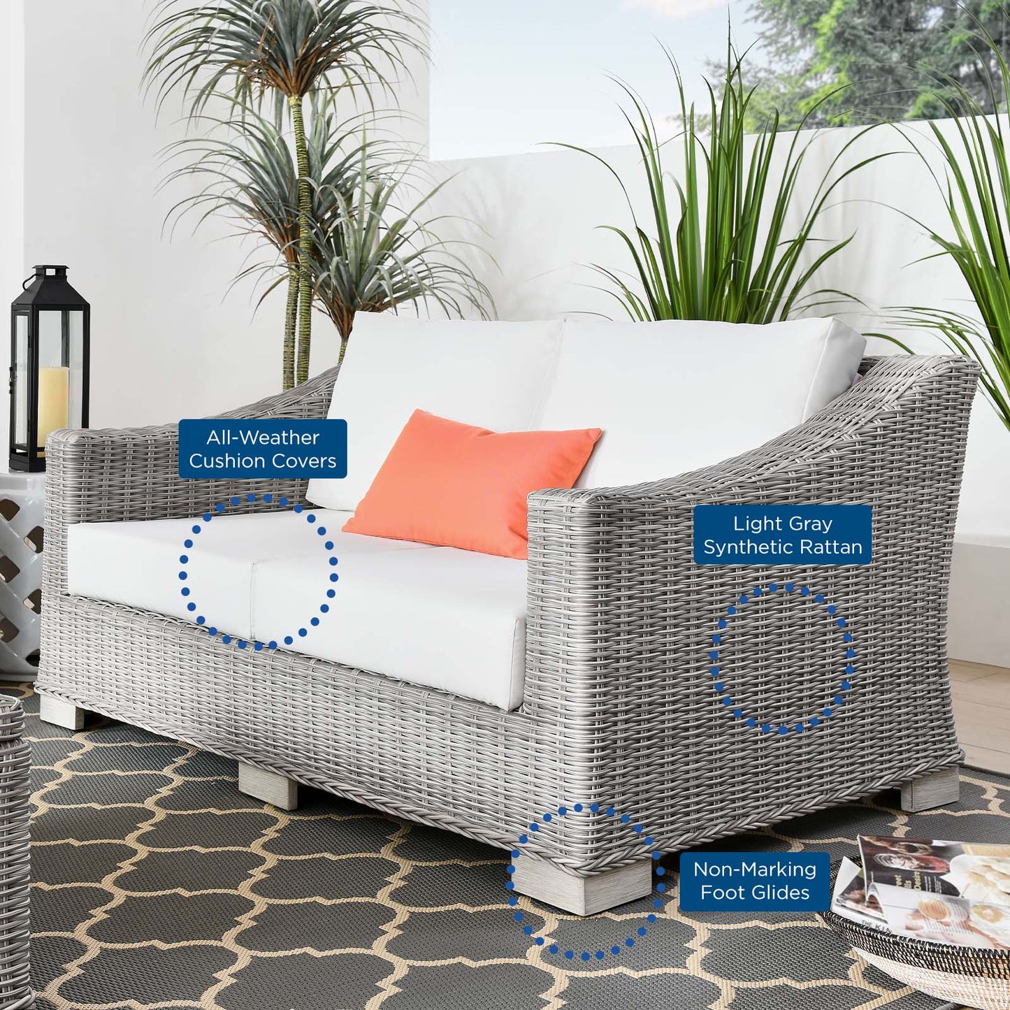 Conway Outdoor Patio Wicker Rattan Loveseat, Rattan, Wicker, Light Grey Gray White, 23343