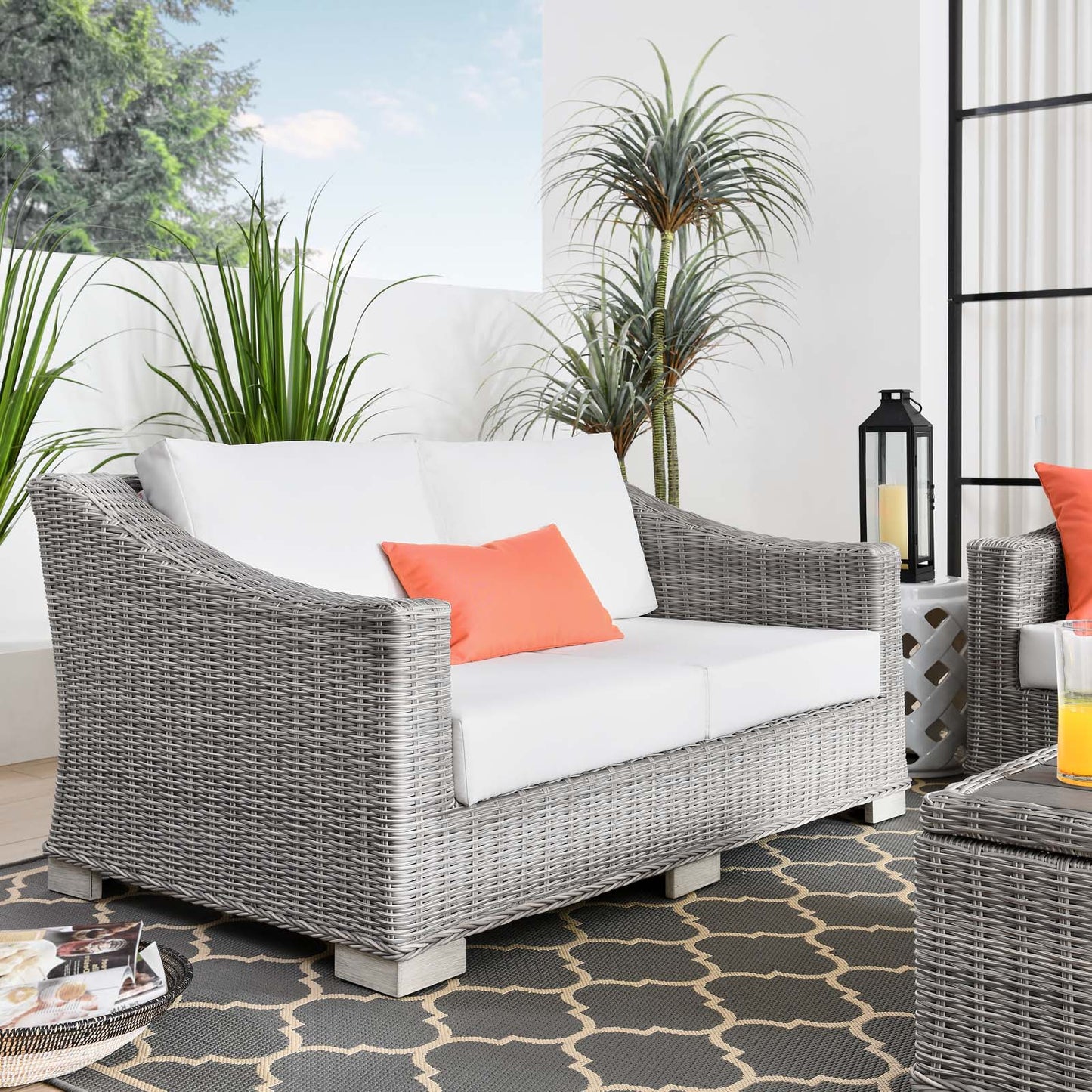 Conway Outdoor Patio Wicker Rattan Loveseat, Rattan, Wicker, Light Grey Gray White, 23343