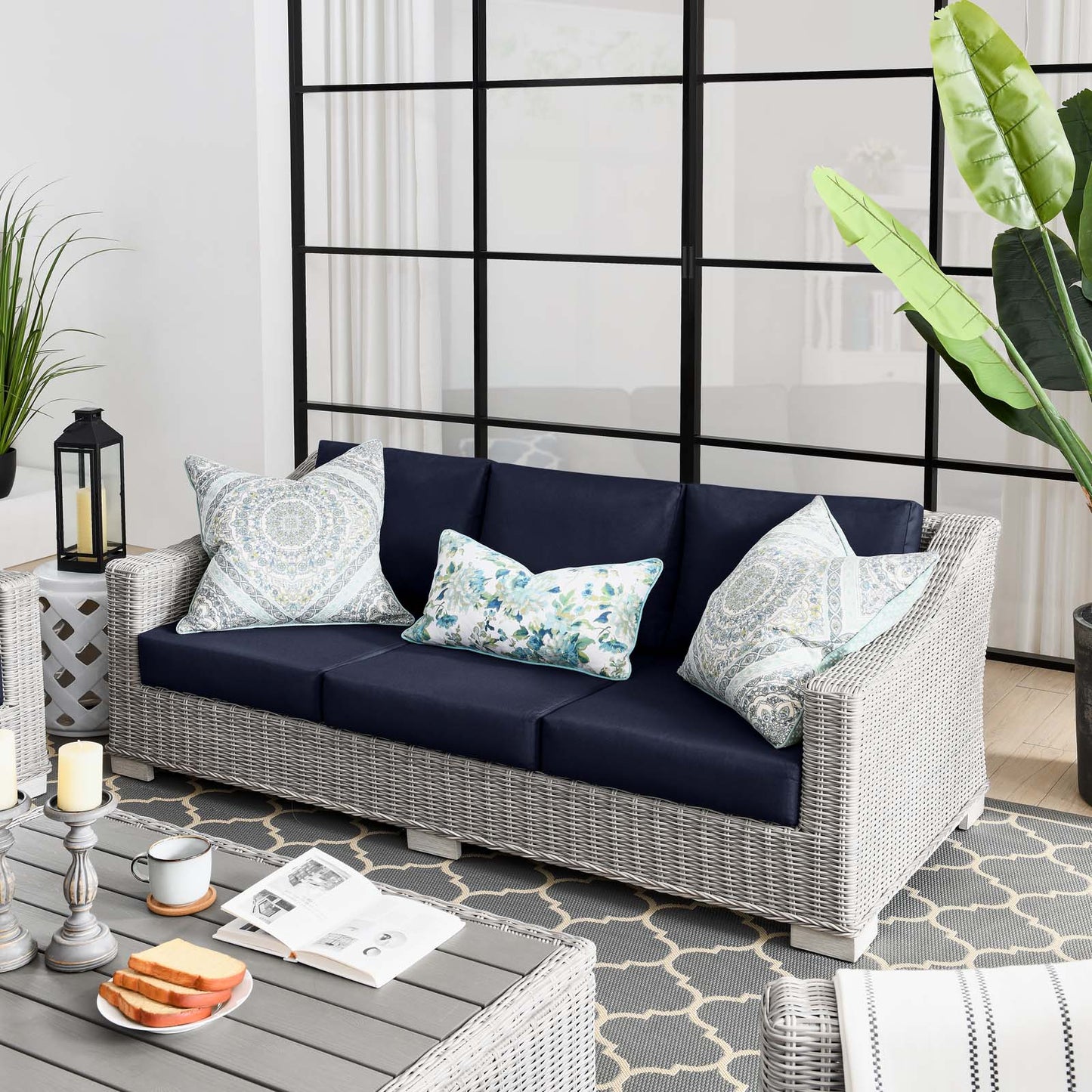 Conway Outdoor Patio Wicker Rattan Sofa, Rattan, Wicker, Light Grey Gray Blue Navy, 23346