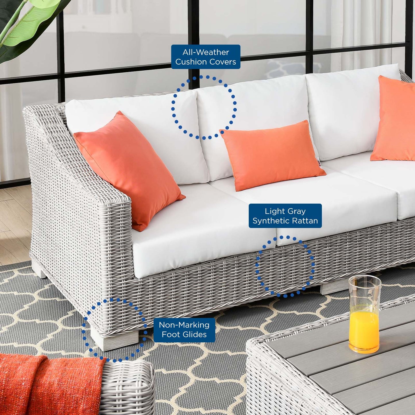 Conway Outdoor Patio Wicker Rattan Sofa, Rattan, Wicker, Light Grey Gray White, 23347