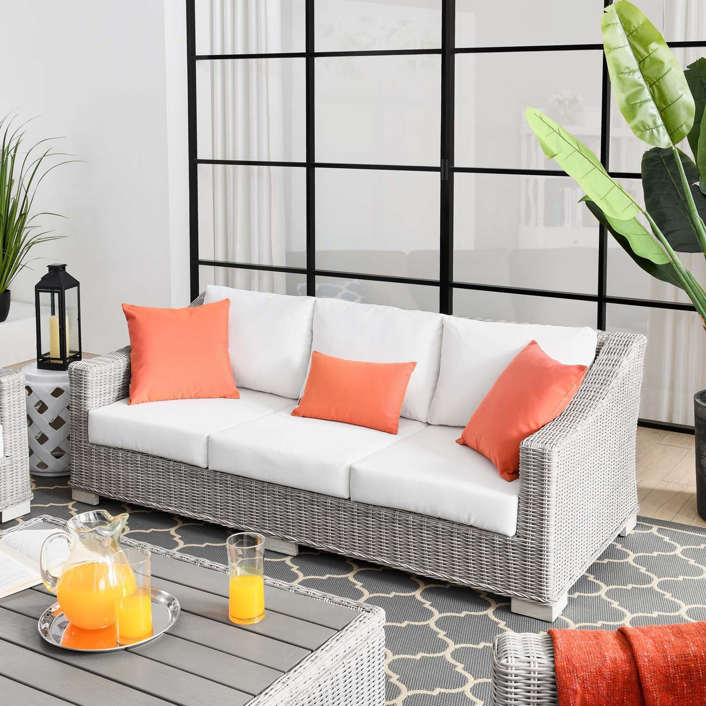 Conway Outdoor Patio Wicker Rattan Sofa, Rattan, Wicker, Light Grey Gray White, 23347