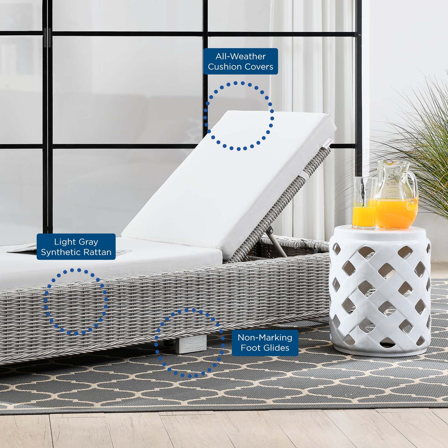 Conway Outdoor Patio Wicker Rattan Chaise Lounge, Rattan, Wicker, Light Grey Gray White, 23351
