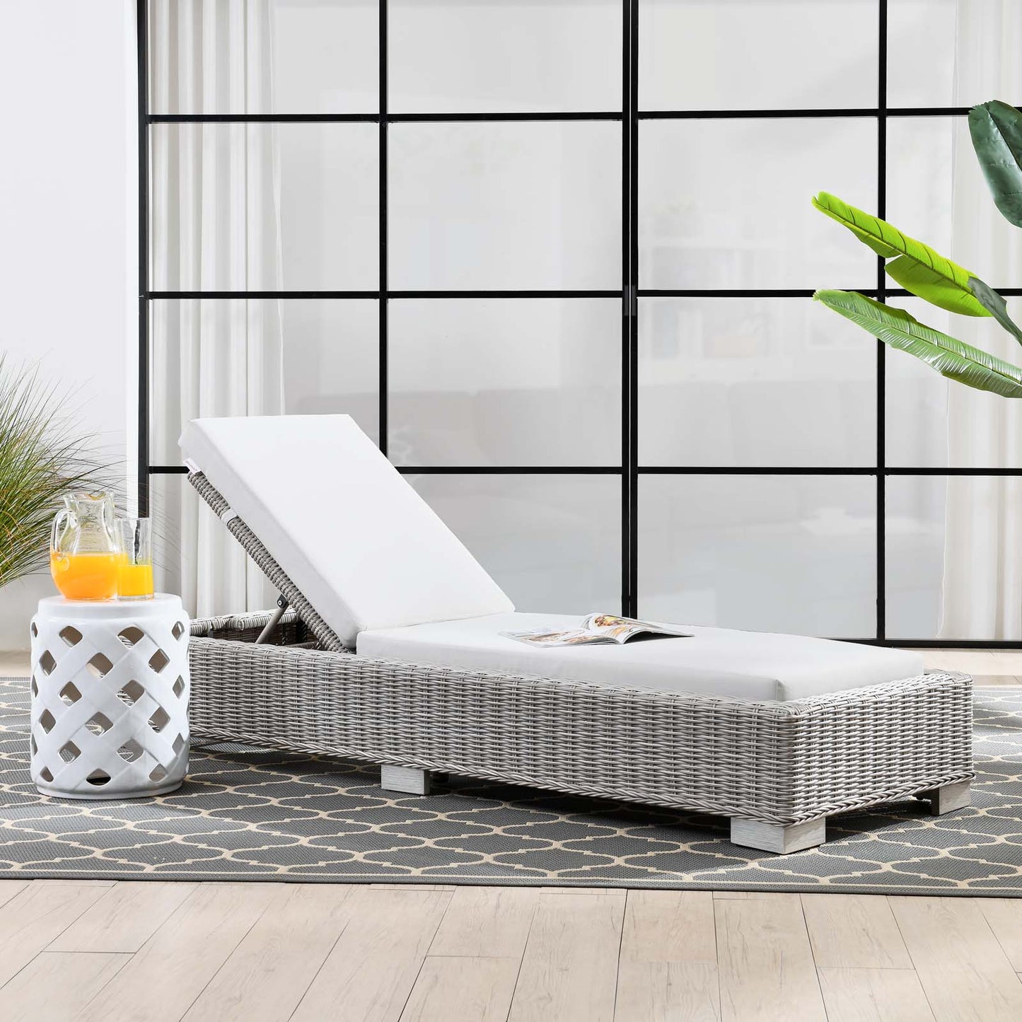 Conway Outdoor Patio Wicker Rattan Chaise Lounge, Rattan, Wicker, Light Grey Gray White, 23351