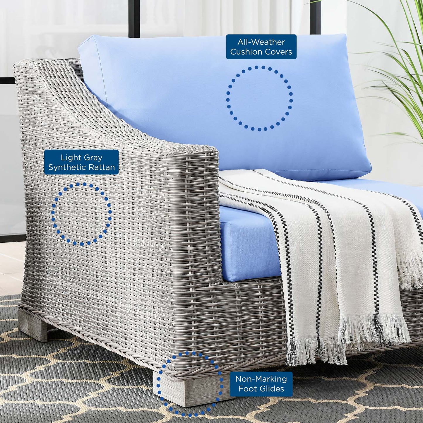 Conway Outdoor Patio Wicker Rattan Left-Arm Chair, Rattan, Wicker, Light Grey Gray Light Blue, 23357
