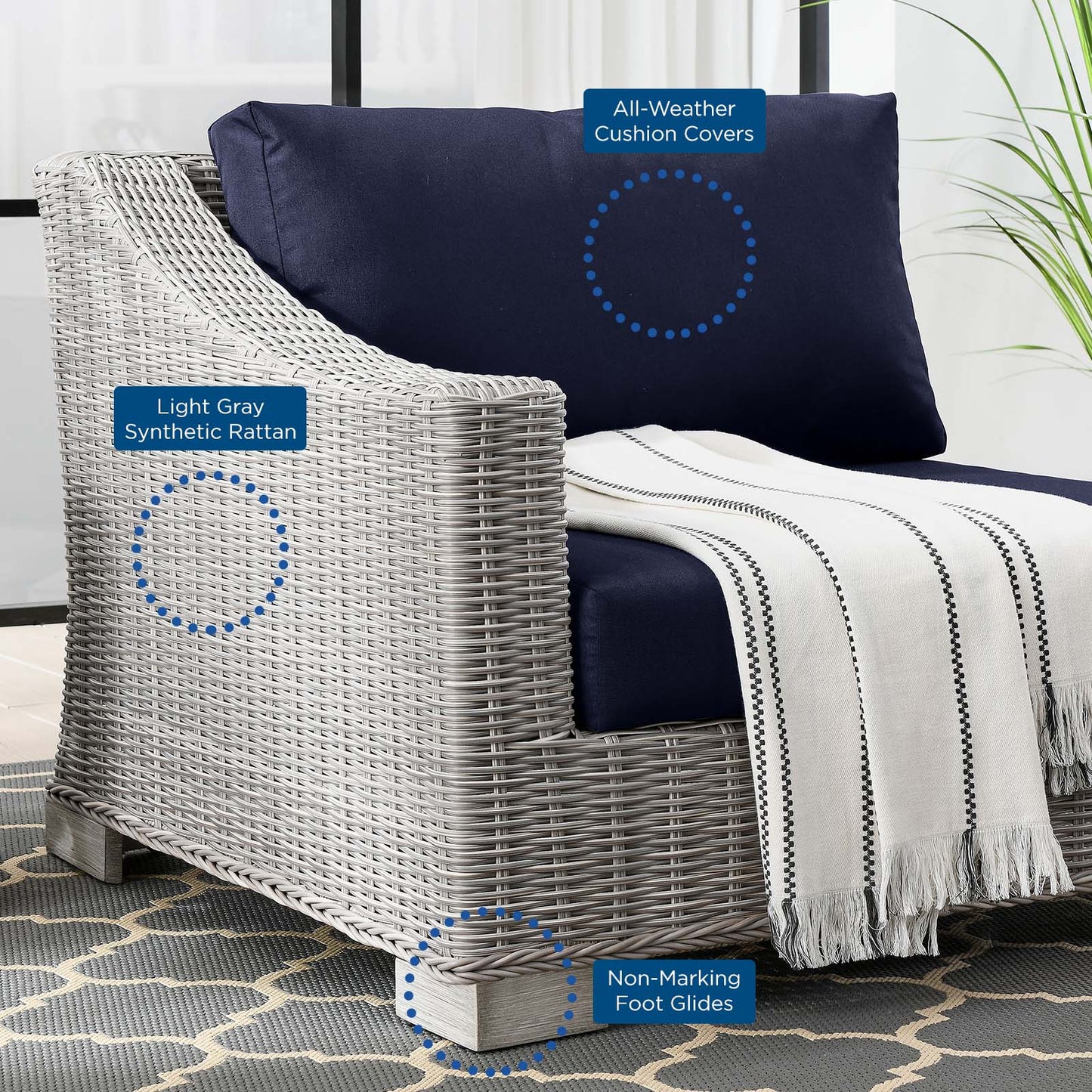 Conway Outdoor Patio Wicker Rattan Left-Arm Chair, Rattan, Wicker, Light Grey Gray Blue Navy, 23358