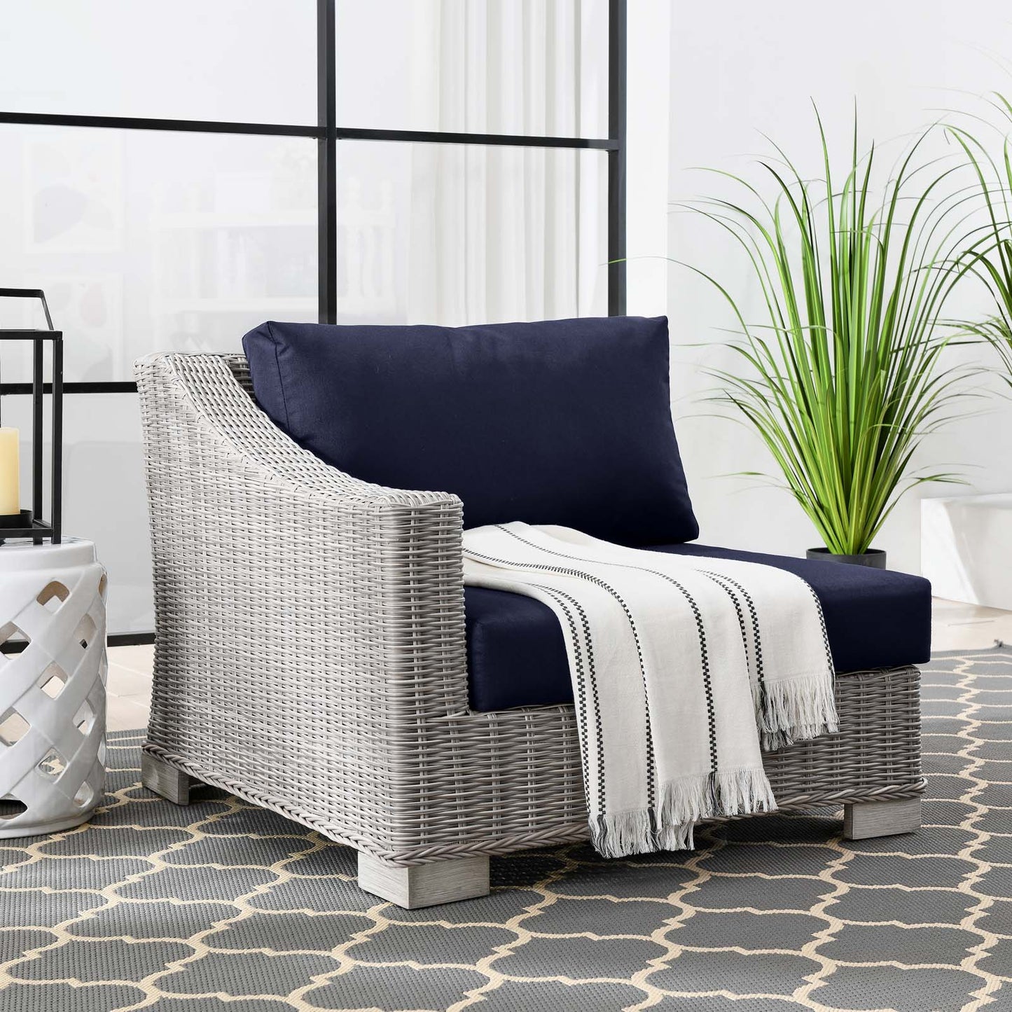 Conway Outdoor Patio Wicker Rattan Left-Arm Chair, Rattan, Wicker, Light Grey Gray Blue Navy, 23358