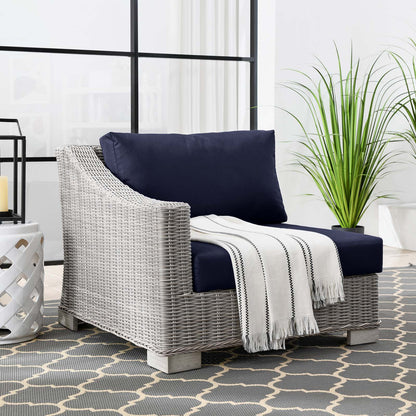 Conway Outdoor Patio Wicker Rattan Left-Arm Chair, Rattan, Wicker, Light Grey Gray Blue Navy, 23358