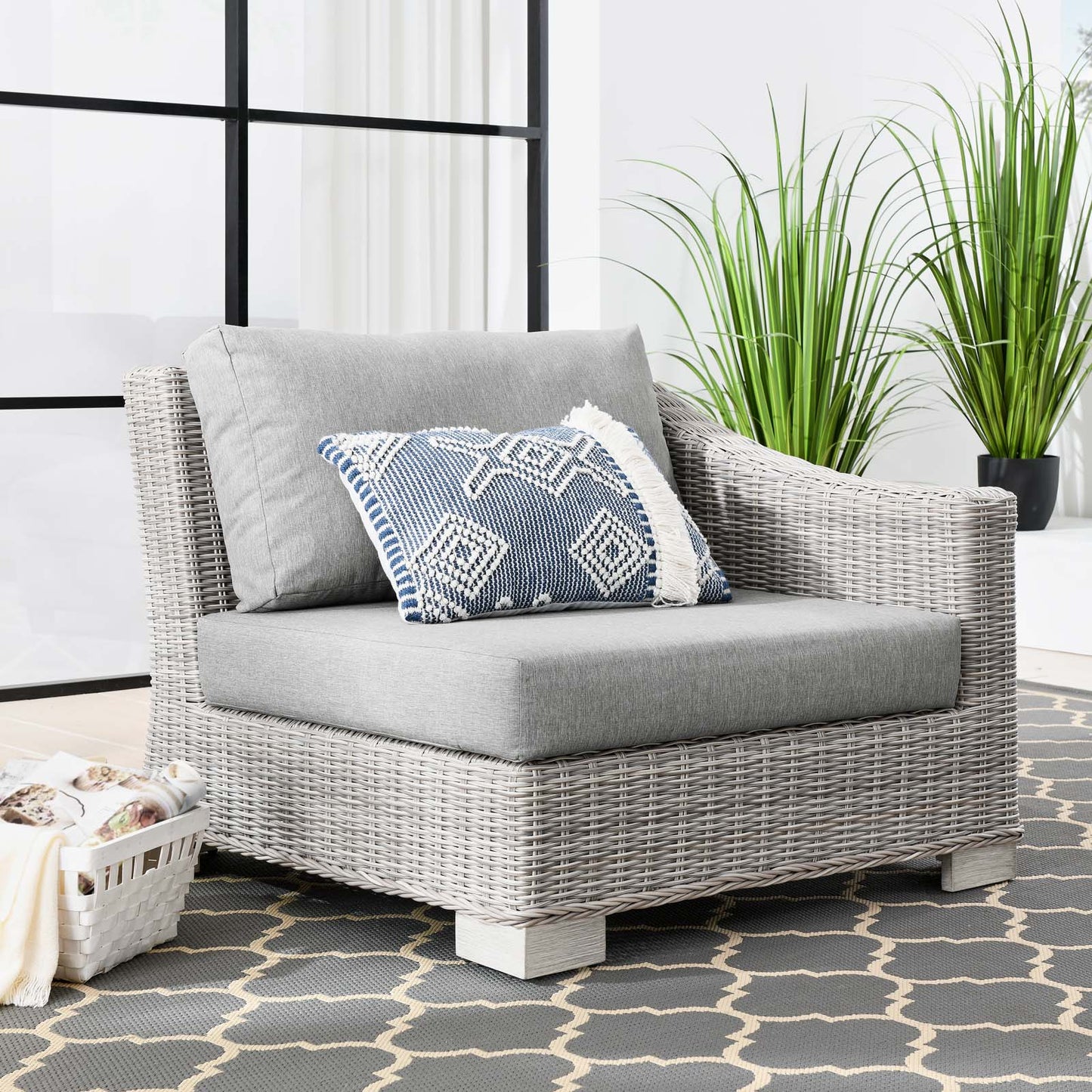 Conway Outdoor Patio Wicker Rattan Right-Arm Chair, Rattan, Wicker, Grey Gray, 23360