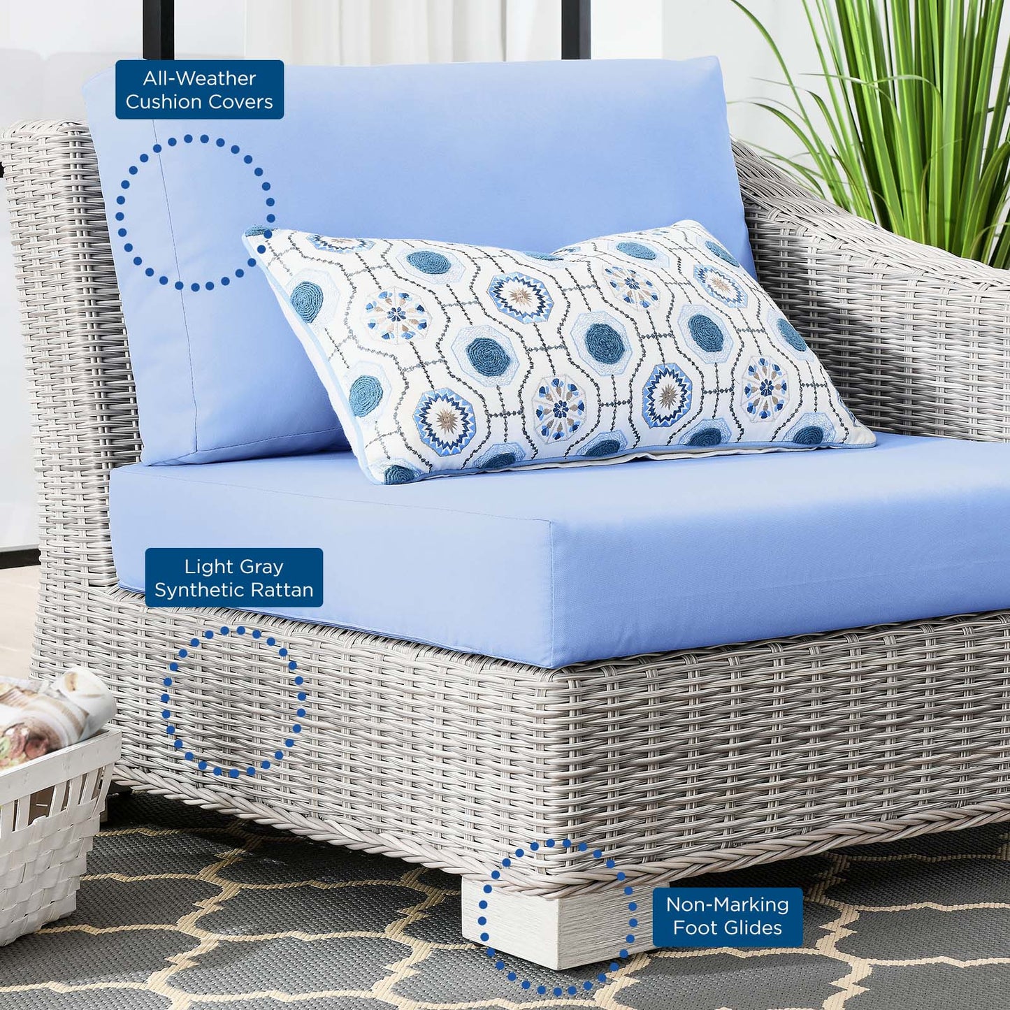 Conway Outdoor Patio Wicker Rattan Right-Arm Chair, Rattan, Wicker, Light Grey Gray Light Blue, 23361