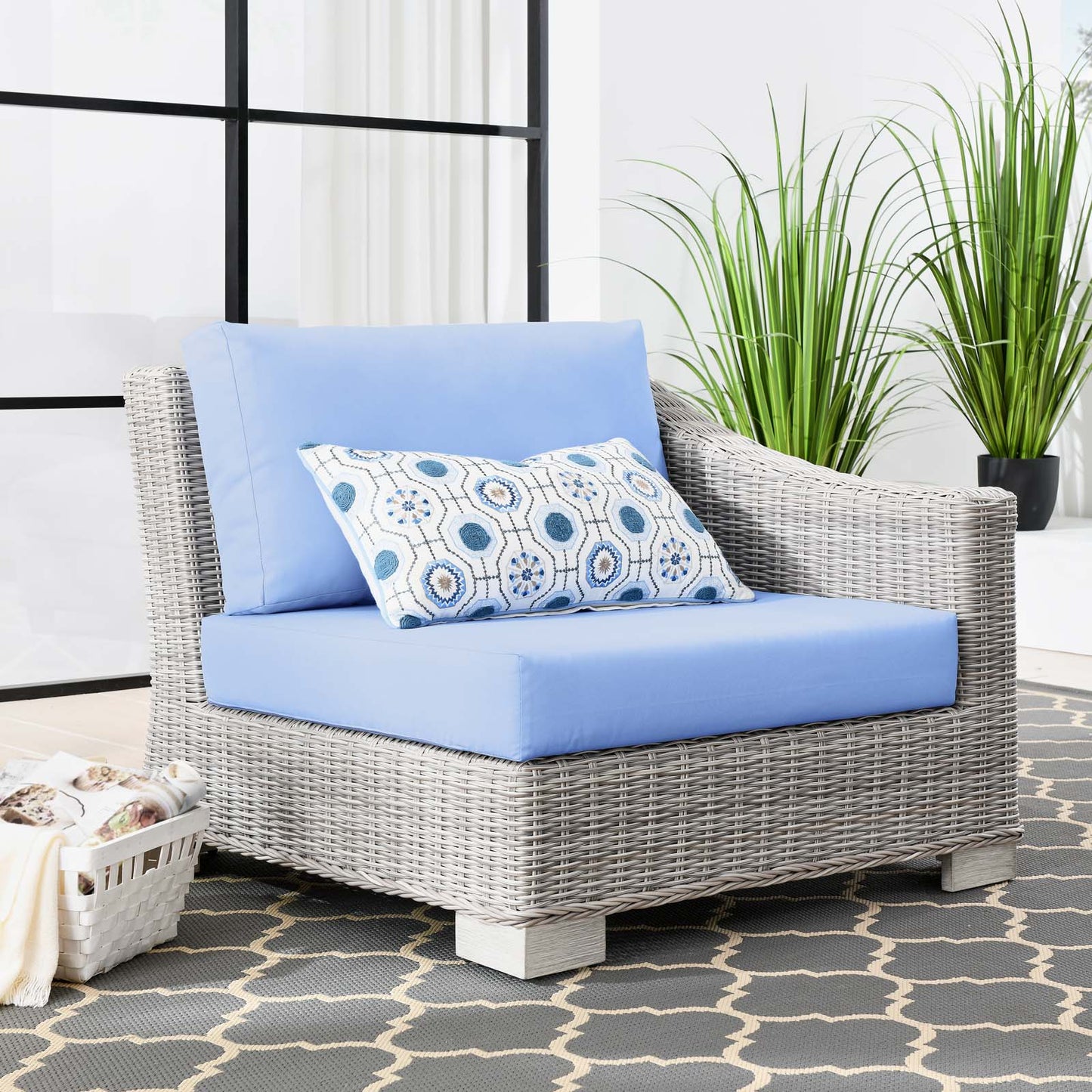 Conway Outdoor Patio Wicker Rattan Right-Arm Chair, Rattan, Wicker, Light Grey Gray Light Blue, 23361