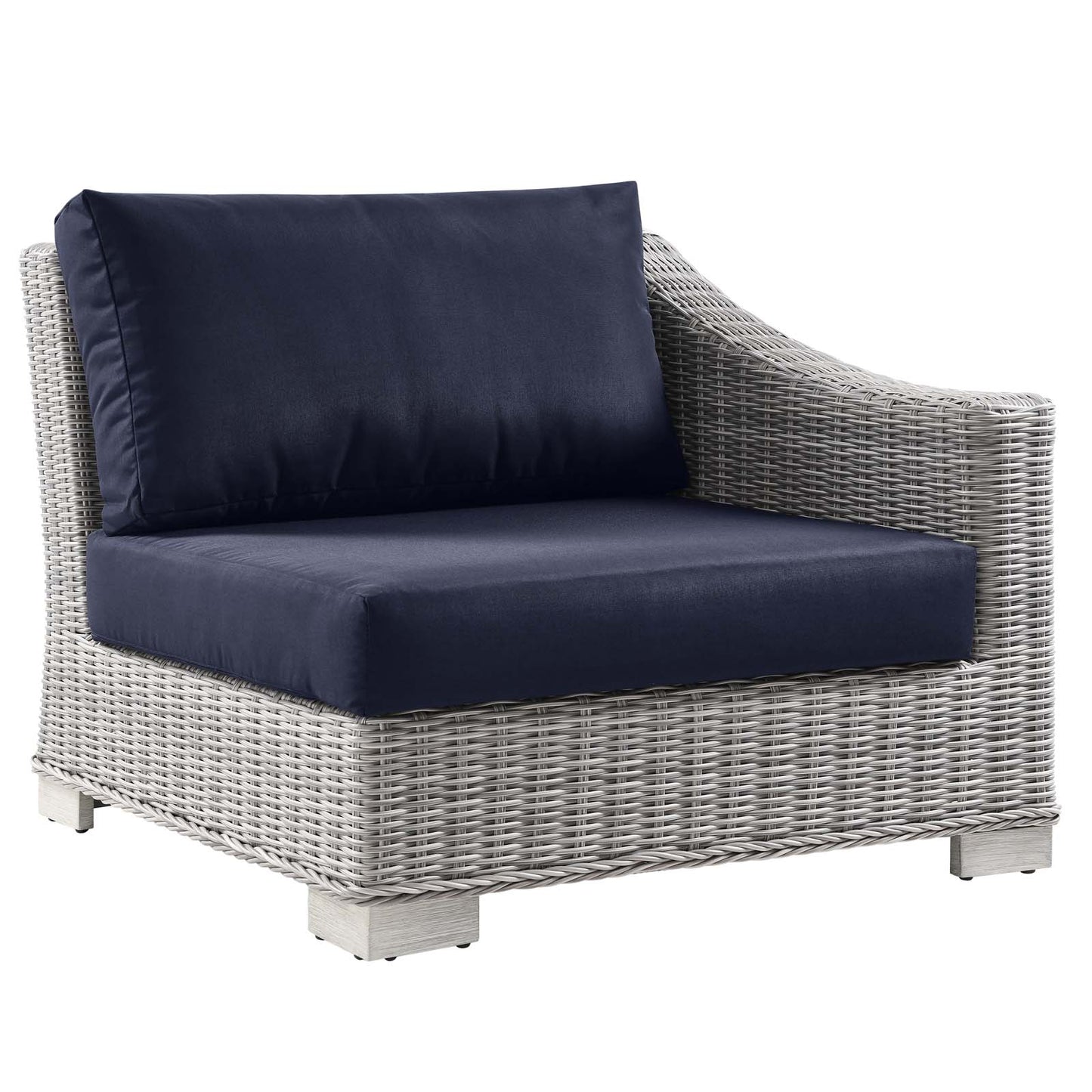 Conway Outdoor Patio Wicker Rattan Right-Arm Chair, Rattan, Wicker, Light Grey Gray Blue Navy, 23362