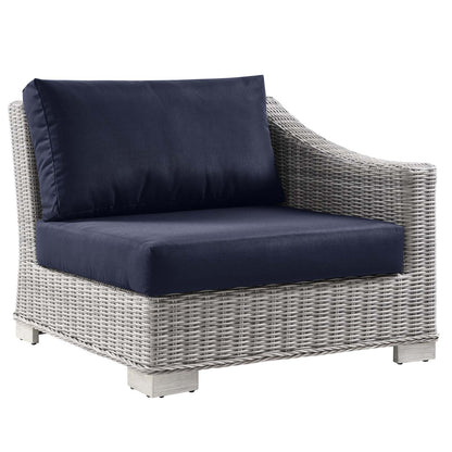 Conway Outdoor Patio Wicker Rattan Right-Arm Chair, Rattan, Wicker, Light Grey Gray Blue Navy, 23362