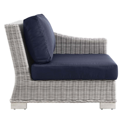 Conway Outdoor Patio Wicker Rattan Right-Arm Chair, Rattan, Wicker, Light Grey Gray Blue Navy, 23362